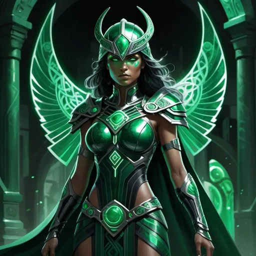 Prompt: Description:
Create an artwork depicting Malachite Valkyrie, a dark hero blending ancient mysticism and futuristic technology. She wears sleek, dark armor with a subtle green malachite sheen, adorned with intricate Celtic knot-like patterns and futuristic circuitry. A flowing cloak of shadowy fabric billows around her, shifting from deep green to black. Her helmet features an angular design with a glowing green visor, concealing her face in mystery.

Scene:
Show Malachite Valkyrie standing amidst ancient ruins or a futuristic cityscape at twilight. Shadows play around her, and faint traces of malachite-like energy emanate from her armor. She holds a blade etched with glowing runes, while spectral warriors shimmer in the background, summoned by her haunting melody.

Mood:
The artwork should convey a sense of stoic determination and inner conflict. Malachite Valkyrie's presence exudes a blend of ancient wisdom and futuristic heroism, as she confronts unseen foes and battles the darkness within herself.