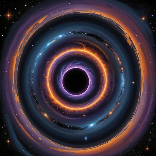 Prompt: Imagine a scene where time has reached its final moments, and at the heart of this cosmic conclusion lies a black hole, the ultimate devourer of everything. Visualize the black hole as a swirling vortex, pulling in the remnants of stars, galaxies, and the very fabric of spacetime itself.

Your task is to create an artwork that captures the essence of this profound moment:

Depict the black hole as a mesmerizing whirlpool of darkness and light, bending and distorting the last vestiges of the universe.
Use colors to convey the cosmic drama—blues and purples symbolizing the cold emptiness of space contrasted with fiery oranges and reds representing the dying embers of celestial bodies.
Incorporate elements that suggest the passage of time—fragments of ancient galaxies, remnants of stars long gone, and perhaps ethereal wisps hinting at the memories of civilizations lost to the abyss.
Through your AI-generated artwork, explore the concept of entropy, the inevitable fate of all things, and the beauty found in the cosmic dance at the end of time.