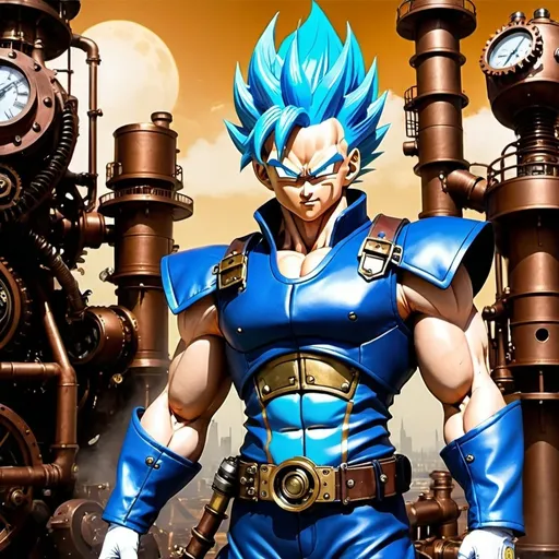 Prompt: Create an epic scene featuring Goku and Vegeta in their Super Saiyan Blue forms, reimagined in a steampunk universe. Both characters should have the signature glowing blue hair and eyes, but with a distinct steampunk aesthetic. Goku's outfit incorporates elements like brass gears, leather straps, and a mechanical gauntlet on one arm. His boots are reinforced with metallic plating and he wears a high-collared leather jacket with intricate engravings. Vegeta's attire includes a chest plate with embedded gears and tubes, a pair of brass goggles resting on his forehead, and metallic shoulder pads. He wields a steampunk-inspired weapon, like a futuristic steam-powered cannon or gauntlet. The background is a vibrant, industrial cityscape with towering smokestacks, airships in the sky, and cog-filled machinery. The color palette blends the electric blues of their energy with the warm, metallic tones of the steampunk world. Their powerful auras crackle with energy, illuminating the scene with an otherworldly glow.