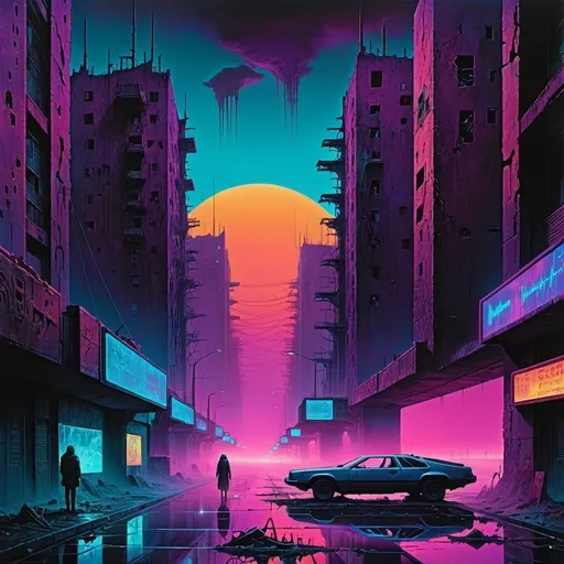 Prompt: Create an artwork that fuses the haunting, dystopian landscapes of Zdzisław Beksiński with the vibrant, neon-soaked aesthetics of synthwave. Imagine a futuristic city in ruins, bathed in the eerie glow of neon lights and filled with skeletal structures and surreal, otherworldly elements. The sky is a gradient of deep purples and electric blues, with distant, glitchy stars and ominous, dark clouds. Synthwave-styled figures with glowing, cyberpunk elements wander through the desolate streets, blending the macabre with the retro-futuristic. The overall atmosphere is both eerie and mesmerizing, capturing the essence of a forgotten future.
