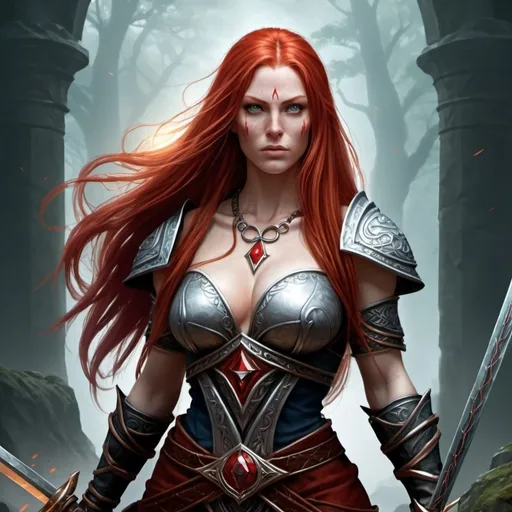 Prompt: create a spellforce poster create a Rune Slave human female with long red hair, Long sword big curves with a soul Rune as a necklace 