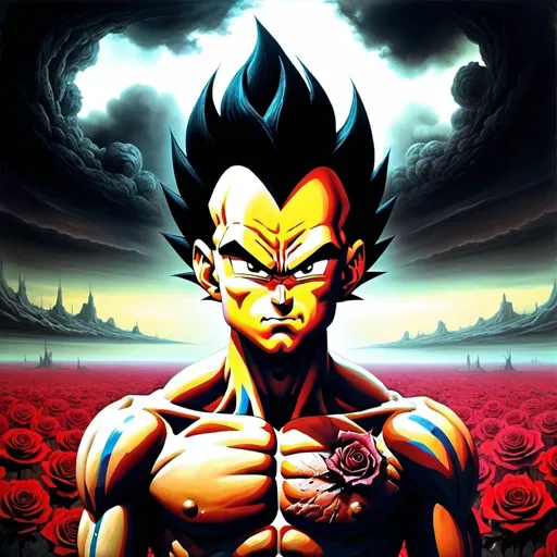 Prompt: Create a surreal and haunting image featuring Vegeta from Dragon Ball Z, infused with the dark, eerie atmosphere of Zdzisław Beksiński's nightmare art. Imagine Vegeta with a menacing presence, his traditional Saiyan armor torn and tattered, and his aura glowing a sinister rose hue. Surround him with a desolate, apocalyptic landscape filled with twisted, grotesque structures and abstract, nightmarish figures that blur the line between reality and nightmare. The sky should be a tumultuous blend of dark, stormy clouds and ominous, otherworldly hues, casting an eerie light on the entire scene.