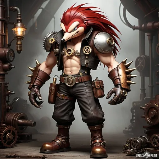 Prompt: Design a captivating piece of artwork featuring Knuckles the Echidna reimagined in a steampunk style. Knuckles should retain his distinctive red color and spiked knuckles, but with a mechanical twist: his spikes should look like metallic rivets or gears.

Details:

Outfit: Knuckles wears a rugged, steampunk adventurer's outfit. Think a sleeveless leather vest with brass rivets, high-waisted trousers with utility pockets, and a sturdy belt with various tools and gadgets attached.
Gloves: His iconic gloves are upgraded to heavy-duty, steampunk gauntlets. The gauntlets should have visible gears and pistons, giving them a powerful, mechanical appearance. The knuckle spikes are now metallic, with intricate gear-like designs.
Footwear: His shoes are redesigned as reinforced steampunk boots with steel toes, brass plates, and mechanical enhancements for extra strength and durability.
Accessories: Equip Knuckles with a pair of steampunk goggles, either worn or resting on his forehead. Add a mechanical wrist device or bracer, featuring small gears and a glowing energy source.
Background: The setting is a rugged, industrial landscape with towering machinery, large cogs, and steam vents. The environment should have a rich, sepia tone, with bronze and brass accents to emphasize the steampunk theme.
Pose: Knuckles is depicted in a powerful, ready-for-action stance, possibly mid-punch or preparing to strike. The scene should highlight his strength and determination, with steam and sparks flying around him.
Expressions: Knuckles' expression should convey his fierce and determined personality, with a focus on his protective and resilient nature.
Incorporate intricate details such as tiny cogs, gears, and steam vents in his clothing and accessories to enhance the steampunk theme. The overall mood should be bold, adventurous, and industrial, combining Knuckles' raw power with the mechanical, vintage charm of steampunk.