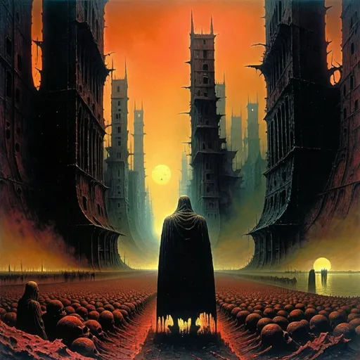 Prompt: create a Zdzisław Beksiński image of the metal and flesh city of Scorn at the end of existence 