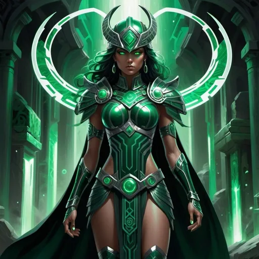 Prompt: Description:
Create an artwork depicting Malachite Valkyrie, a dark hero blending ancient mysticism and futuristic technology. She wears sleek, dark armor with a subtle green malachite sheen, adorned with intricate Celtic knot-like patterns and futuristic circuitry. A flowing cloak of shadowy fabric billows around her, shifting from deep green to black. Her helmet features an angular design with a glowing green visor, concealing her face in mystery.

Scene:
Show Malachite Valkyrie standing amidst ancient ruins or a futuristic cityscape at twilight. Shadows play around her, and faint traces of malachite-like energy emanate from her armor. She holds a blade etched with glowing runes, while spectral warriors shimmer in the background, summoned by her haunting melody.

Mood:
The artwork should convey a sense of stoic determination and inner conflict. Malachite Valkyrie's presence exudes a blend of ancient wisdom and futuristic heroism, as she confronts unseen foes and battles the darkness within herself.