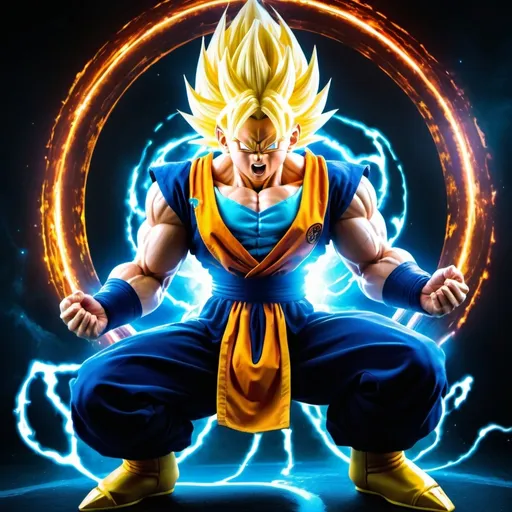Prompt: Create a dynamic and awe-inspiring image of Super Saiyan Omega (SSΩ). The character should exude an aura of unparalleled power and mastery. Here are the details to include:

Aura and Energy Field:

The aura should be a radiant, multi-colored energy field, blending seamlessly into a vibrant display that signifies the ultimate fusion of all Saiyan transformations.
The energy field should be dynamic, with swirling colors that shift and blend, creating a sense of constant motion and power.
Physical Appearance:

The character's hair should shine with a brilliant platinum hue, with strands flowing as if energized by the immense power.
Their eyes should glimmer with a captivating mix of gold and silver, reflecting their supreme abilities and wisdom.
Powers and Abilities:

Depict the character demonstrating Complete Energy Control, such as forming energy weapons or barriers with intricate and elegant designs.
Show hints of Reality Manipulation by having the environment subtly altered around them, such as bending light or warping the landscape slightly.
Illustrate Instant Adaptation by portraying the character mid-battle, seamlessly countering an opponent's move with perfect precision.
Drawbacks:

Convey the intense focus and mental fortitude required to maintain this form. The character's expression should reflect deep concentration and resolve.
Include a sense of potential danger, such as small cracks or distortions in the aura, hinting at the catastrophic consequences of any loss of concentration.
Background:

The setting can be a dramatic, otherworldly battleground or a serene, mystical landscape that contrasts with the character's intense power.
Ensure the background complements the character's radiant aura and emphasizes their dominance and presence.
Style:

Aim for a highly detailed, dynamic, and vibrant art style that captures the essence of ultimate power and mastery. Use lighting and color contrasts to highlight the character's divine energy and formidable presence.