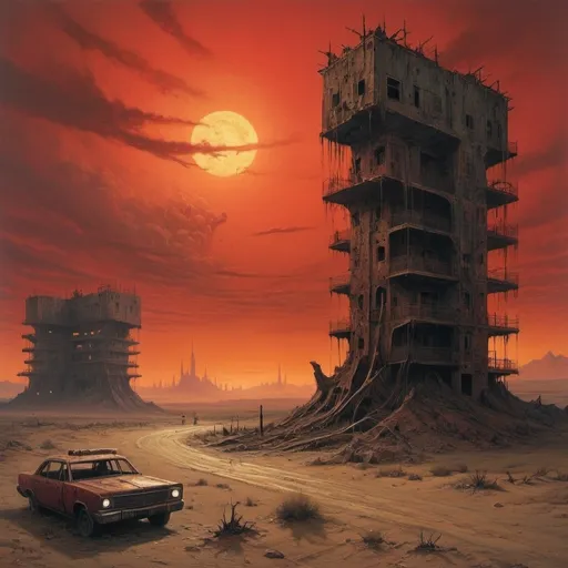 Prompt: Create a desolate and haunting post-apocalyptic scene merging the world of Fallout: New Vegas with the dark, surreal art of Zdzisław Beksiński. Picture a barren, irradiated desert landscape under a blood-red sky, filled with crumbling remnants of casinos and neon signs twisted into grotesque shapes. Decaying structures and twisted metal debris are interwoven with nightmarish, organic forms that seem to pulse with a malevolent life. Mutated creatures and ghastly, deformed human figures roam the wasteland, their features distorted and elongated in a disturbing, almost skeletal fashion. The atmosphere is thick with a sense of hopelessness and eerie, unnatural silence, embodying the fusion of Beksiński's dystopian vision with the remnants of New Vegas' once vibrant but now forsaken world.