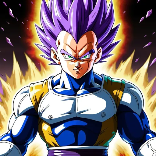 Prompt: Create a digital illustration of Vegeta in his "SSJ Demands of Desire EGO" form. His hair should be an intense amethyst purple, radiating energy and power. His aura should also be amethyst purple, crackling with electricity and swirling dynamically around him. Vegeta should have a fierce, determined expression, showcasing his unyielding pride and strength. His muscular physique should be highlighted, with his iconic battle armor slightly tattered from intense combat. The background should be a chaotic battlefield, with debris and energy waves accentuating the intensity of the scene. The overall atmosphere should be dramatic and powerful, emphasizing Vegeta's overwhelming presence and the raw energy of his transformed state.
