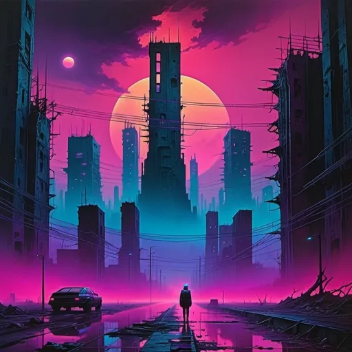 Prompt: Create an artwork that fuses the haunting, dystopian landscapes of Zdzisław Beksiński with the vibrant, neon-soaked aesthetics of synthwave. Imagine a futuristic city in ruins, bathed in the eerie glow of neon lights and filled with skeletal structures and surreal, otherworldly elements. The sky is a gradient of deep purples and electric blues, with distant, glitchy stars and ominous, dark clouds. Synthwave-styled figures with glowing, cyberpunk elements wander through the desolate streets, blending the macabre with the retro-futuristic. The overall atmosphere is both eerie and mesmerizing, capturing the essence of a forgotten future.
