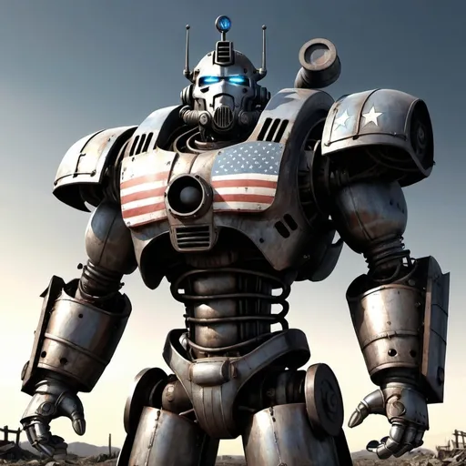 Prompt: draw me Liberty prime from the fallout series, pain the stars and stripes on it