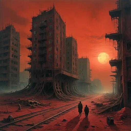 Prompt: Create a desolate and haunting post-apocalyptic scene merging the world of Fallout: london with the dark, surreal art of Zdzisław Beksiński. Picture a barren, irradiated desert landscape under a blood-red sky, filled with crumbling remnants of casinos and neon signs twisted into grotesque shapes. Decaying structures and twisted metal debris are interwoven with nightmarish, organic forms that seem to pulse with a malevolent life. Mutated creatures and ghastly, deformed human figures roam the wasteland, their features distorted and elongated in a disturbing, almost skeletal fashion. The atmosphere is thick with a sense of hopelessness and eerie, unnatural silence, embodying the fusion of Beksiński's dystopian vision with the remnants of london once vibrant but now forsaken world.