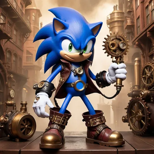 Prompt: Create a stunning piece of artwork featuring Sonic the Hedgehog reimagined in a steampunk style. Sonic should retain his iconic blue color and spiky hair, but with a twist: his quills should have a metallic, gear-like appearance, incorporating cogs and mechanical components.

Details:

Outfit: Sonic wears a Victorian-era inspired outfit with a steampunk flair. Think leather aviator jacket with brass buttons, a high-collared shirt, and fingerless gloves adorned with small gears and rivets.
Footwear: His signature red shoes should be redesigned as steampunk boots with brass buckles, steam-powered mechanisms, and intricate designs.
Accessories: Equip Sonic with a pair of steampunk goggles on his forehead, and a utility belt filled with small tools and gadgets.
Background: The backdrop should be a bustling steampunk cityscape, complete with towering, gear-laden buildings, steam-powered vehicles, and a rich color palette of sepia, brass, and bronze tones.
Pose: Sonic is captured in a dynamic running pose, showcasing his speed. The trail behind him consists of glowing blue energy mixed with steam and gears, emphasizing both his original speed and the steampunk theme.
Expressions: Sonic's expression should convey his adventurous and confident personality, with a hint of curiosity and determination.
Incorporate intricate details, such as tiny cogs and gears in his fur and clothing, to make the steampunk theme come alive. The overall mood should be adventurous, energetic, and inventive, blending the whimsical nature of Sonic with the mechanical, vintage charm of steampunk.