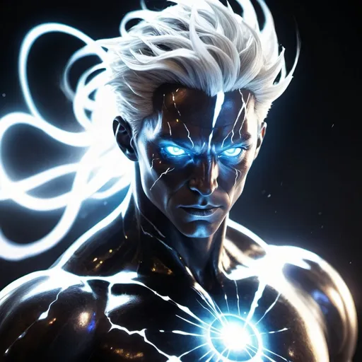 Prompt: Create an image of a character known as the Infinity Breaker. The character's aura should crackle with chaotic energy, a mix of dark and light energies constantly in flux. Their hair is stark white with black streaks, and their eyes flicker with a spectrum of colors. The overall scene should convey a sense of powerful, unpredictable energy, with the aura creating a dynamic and striking visual effect.