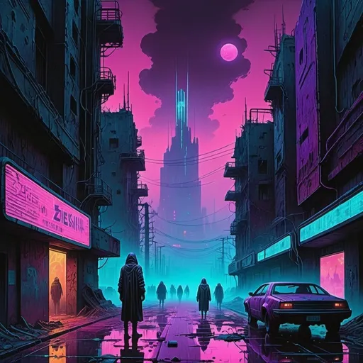 Prompt: Create an artwork that fuses the haunting, dystopian landscapes of Zdzisław Beksiński with the vibrant, neon-soaked aesthetics of synthwave. Imagine a futuristic city in ruins, bathed in the eerie glow of neon lights and filled with skeletal structures and surreal, otherworldly elements. The sky is a gradient of deep purples and electric blues, with distant, glitchy stars and ominous, dark clouds. Synthwave-styled figures with glowing, cyberpunk elements wander through the desolate streets, blending the macabre with the retro-futuristic. The overall atmosphere is both eerie and mesmerizing, capturing the essence of a forgotten future.
