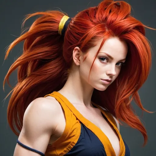 Prompt: make a redhead female Saiyan give her long hair