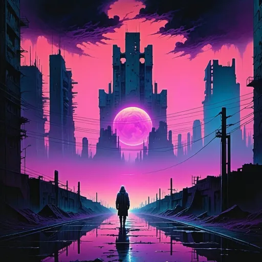 Prompt: Create an artwork that fuses the haunting, dystopian landscapes of Zdzisław Beksiński with the vibrant, neon-soaked aesthetics of synthwave. Imagine a futuristic city in ruins, bathed in the eerie glow of neon lights and filled with skeletal structures and surreal, otherworldly elements. The sky is a gradient of deep purples and electric blues, with distant, glitchy stars and ominous, dark clouds. Synthwave-styled figures with glowing, cyberpunk elements wander through the desolate streets, blending the macabre with the retro-futuristic. The overall atmosphere is both eerie and mesmerizing, capturing the essence of a forgotten future.
