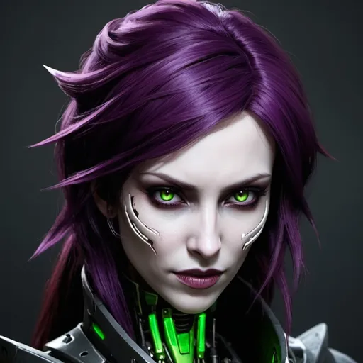 Prompt: create Serana from Skyrim as an robotic autobot transformer vampire, make her purple, Green and Red