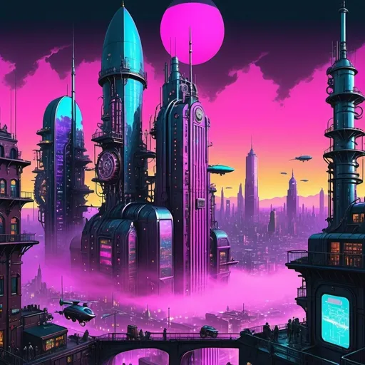 Prompt: Create an artwork of a sprawling megacity that fuses elements of steampunk, cyberpunk, and synth-wave aesthetics. This futuristic metropolis should feature towering skyscrapers adorned with Victorian-era gears, pipes, and brass fittings, intertwined with neon-lit cybernetic enhancements and holographic billboards. The cityscape should be bathed in vibrant synth-wave hues of neon pink, electric blue, and deep purple, reflecting off rain-slicked streets. Airships and drones hover above, while the streets below are bustling with a mix of steam-powered automatons and cybernetically augmented humans. The overall atmosphere should be a dynamic blend of retro-futuristic charm and high-tech sophistication, evoking a sense of awe and wonder.