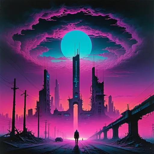 Prompt: Create an artwork that fuses the haunting, dystopian landscapes of Zdzisław Beksiński with the vibrant, neon-soaked aesthetics of synthwave. Imagine a futuristic city in ruins, bathed in the eerie glow of neon lights and filled with skeletal structures and surreal, otherworldly elements. The sky is a gradient of deep purples and electric blues, with distant, glitchy stars and ominous, dark clouds. Synthwave-styled figures with glowing, cyberpunk elements wander through the desolate streets, blending the macabre with the retro-futuristic. The overall atmosphere is both eerie and mesmerizing, capturing the essence of a forgotten future.
