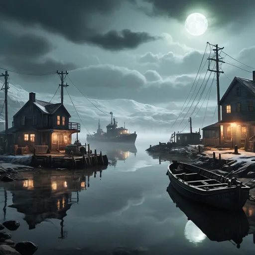 Prompt: create a wallpaper of far harbour, make it full of nuclear fog and extremely ghostly and otherworldly hints of the mother of the fog and Children of Atom 