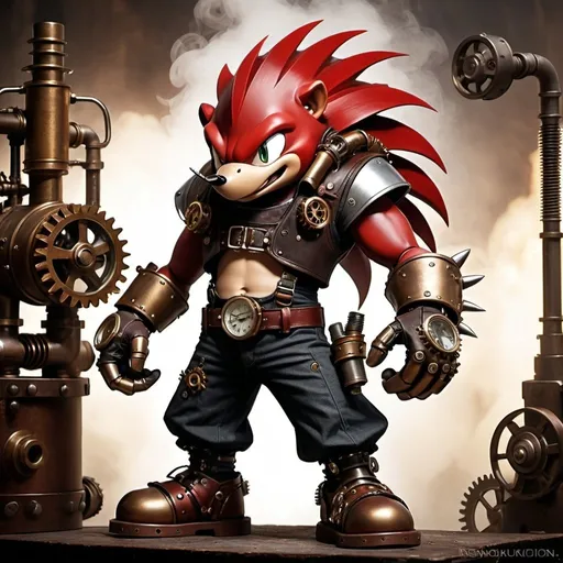 Prompt: Design a captivating piece of artwork featuring Knuckles the Echidna reimagined in a steampunk style. Knuckles should retain his distinctive red color and spiked knuckles, but with a mechanical twist: his spikes should look like metallic rivets or gears.

Details:

Outfit: Knuckles wears a rugged, steampunk adventurer's outfit. Think a sleeveless leather vest with brass rivets, high-waisted trousers with utility pockets, and a sturdy belt with various tools and gadgets attached.
Gloves: His iconic gloves are upgraded to heavy-duty, steampunk gauntlets. The gauntlets should have visible gears and pistons, giving them a powerful, mechanical appearance. The knuckle spikes are now metallic, with intricate gear-like designs.
Footwear: His shoes are redesigned as reinforced steampunk boots with steel toes, brass plates, and mechanical enhancements for extra strength and durability.
Accessories: Equip Knuckles with a pair of steampunk goggles, either worn or resting on his forehead. Add a mechanical wrist device or bracer, featuring small gears and a glowing energy source.
Background: The setting is a rugged, industrial landscape with towering machinery, large cogs, and steam vents. The environment should have a rich, sepia tone, with bronze and brass accents to emphasize the steampunk theme.
Pose: Knuckles is depicted in a powerful, ready-for-action stance, possibly mid-punch or preparing to strike. The scene should highlight his strength and determination, with steam and sparks flying around him.
Expressions: Knuckles' expression should convey his fierce and determined personality, with a focus on his protective and resilient nature.
Incorporate intricate details such as tiny cogs, gears, and steam vents in his clothing and accessories to enhance the steampunk theme. The overall mood should be bold, adventurous, and industrial, combining Knuckles' raw power with the mechanical, vintage charm of steampunk.