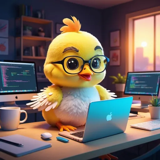 Prompt: (illustration of a software developer chick), cute chick sitting on a laptop, coding on the screen, colorful and vibrant design, elements of code floating around, cozy work environment, soft morning light illuminating the scene, playful and cheerful ambiance, 4K ultra-detailed, modern comedic theme, creative and engaging atmosphere.