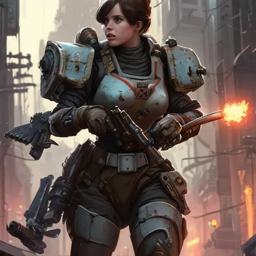 Prompt: Felicity Jones in bulky retro-futuristic dieselpunk axe bear class  powered armor fighting through a city block  in a war