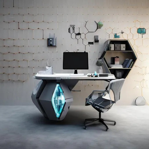 Prompt: Closr up of Oddly designed Desk with futuristic oval display all in one personal computer and clutter on it against a prefab hexagon cinderblock wall.