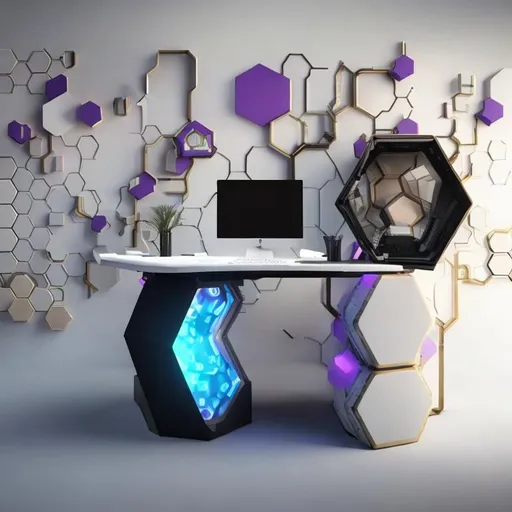 Prompt: Clise up on Oval futuristic computer display on a cluttered metal work desk against a wall of off white  hexagonal cinderblocks outlined in gold and purple trim
