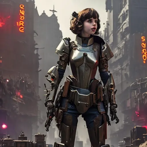 Prompt: Felicity Jones in bulky retro-futuristic dieselpunk alluring desire queen class powered armor fighting through a city block in a war