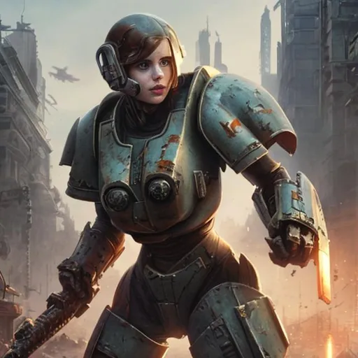 Prompt: Felicity Jones in bulky retro-futuristic dieselpunk Titan Brute hammer class  powered armor fighting through a city block  in a war