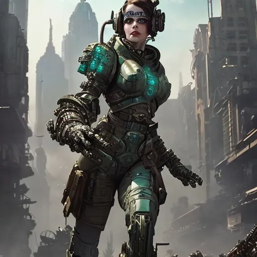 Prompt: Felicity Jones in bulky retro-futuristic dieselpunk phantom serpent class  powered armor fighting through a city block  in a war