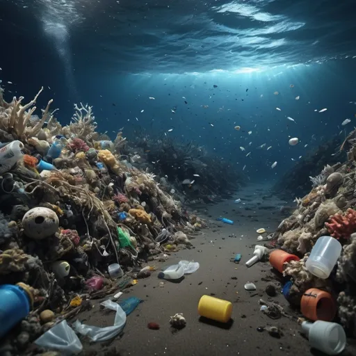 Prompt: (ocean pollution), a polluted sea bed filled with plastic waste and debris, marine life struggling amidst the waste, vibrant coral reefs damaged, swirling dark waters, (dramatic lighting illuminating the chaos), a sad and somber atmosphere, highly detailed textures of different plastics, stark contrast between organic and inorganic materials, (4K, ultra-detailed)