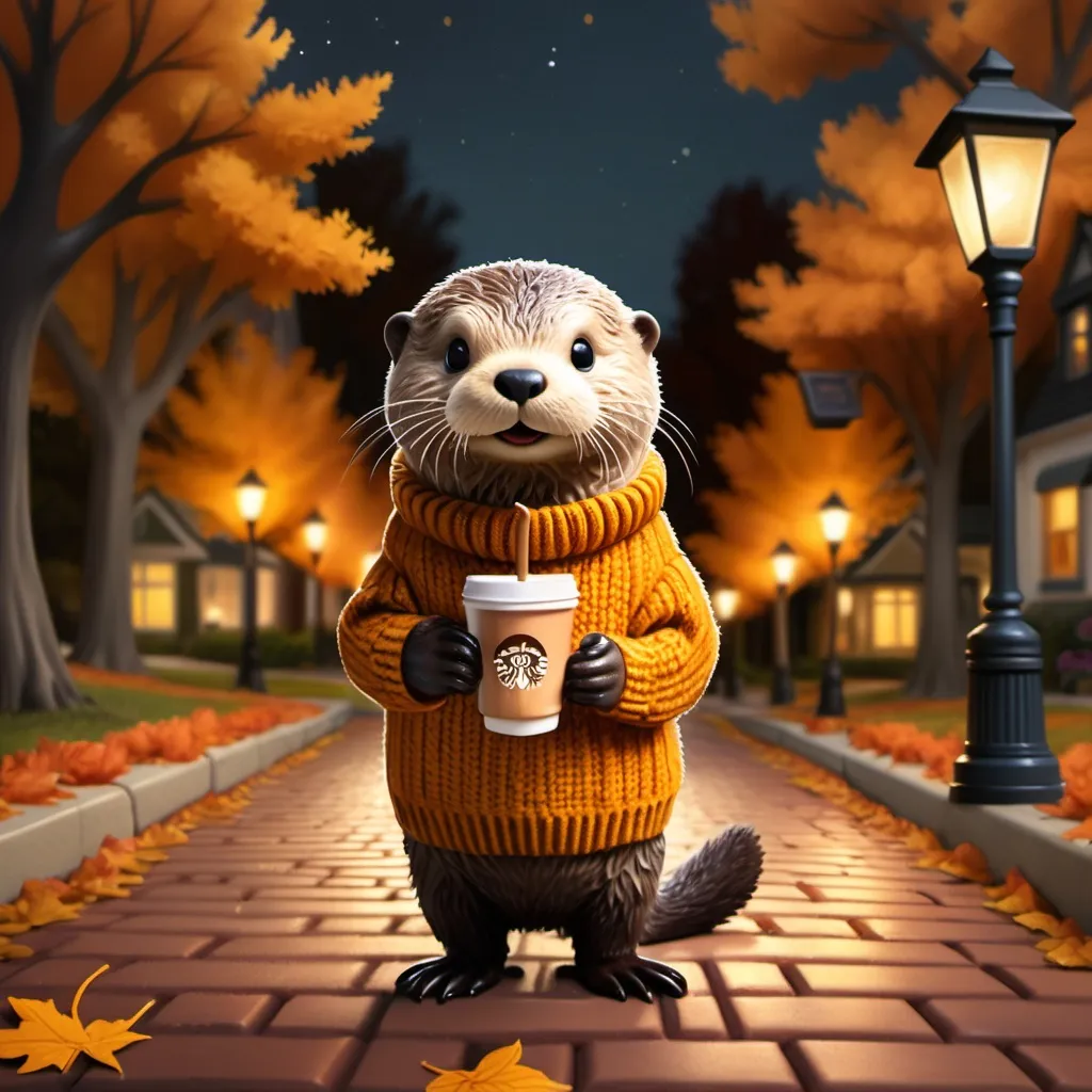 Prompt: a sea otter in a sweater holding a pumpkin spice latte on a brick road in a tree lined street in the fall with dimly lit street lamps