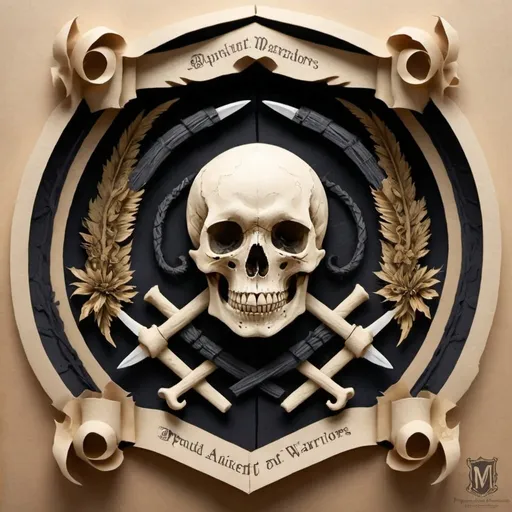 Prompt: a banner for proud ancient warriors, Skull and bones, blades throughout, The letter M capitalized in the center, robust and elegant .   