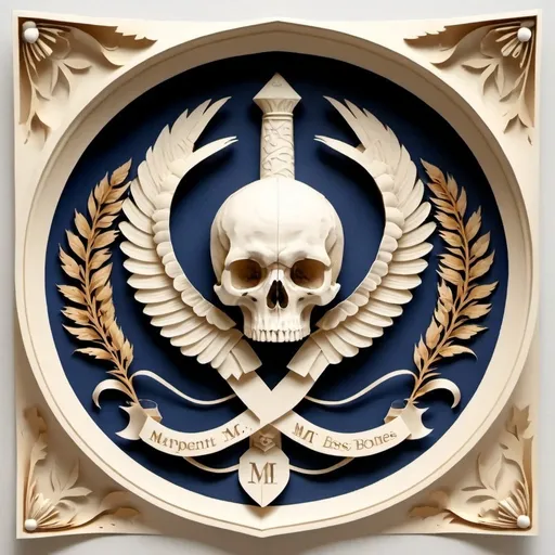 Prompt: a banner for proud ancient warriors, Skull and bones, blades throughout, The letter M capitalized in the center, robust and elegant .   