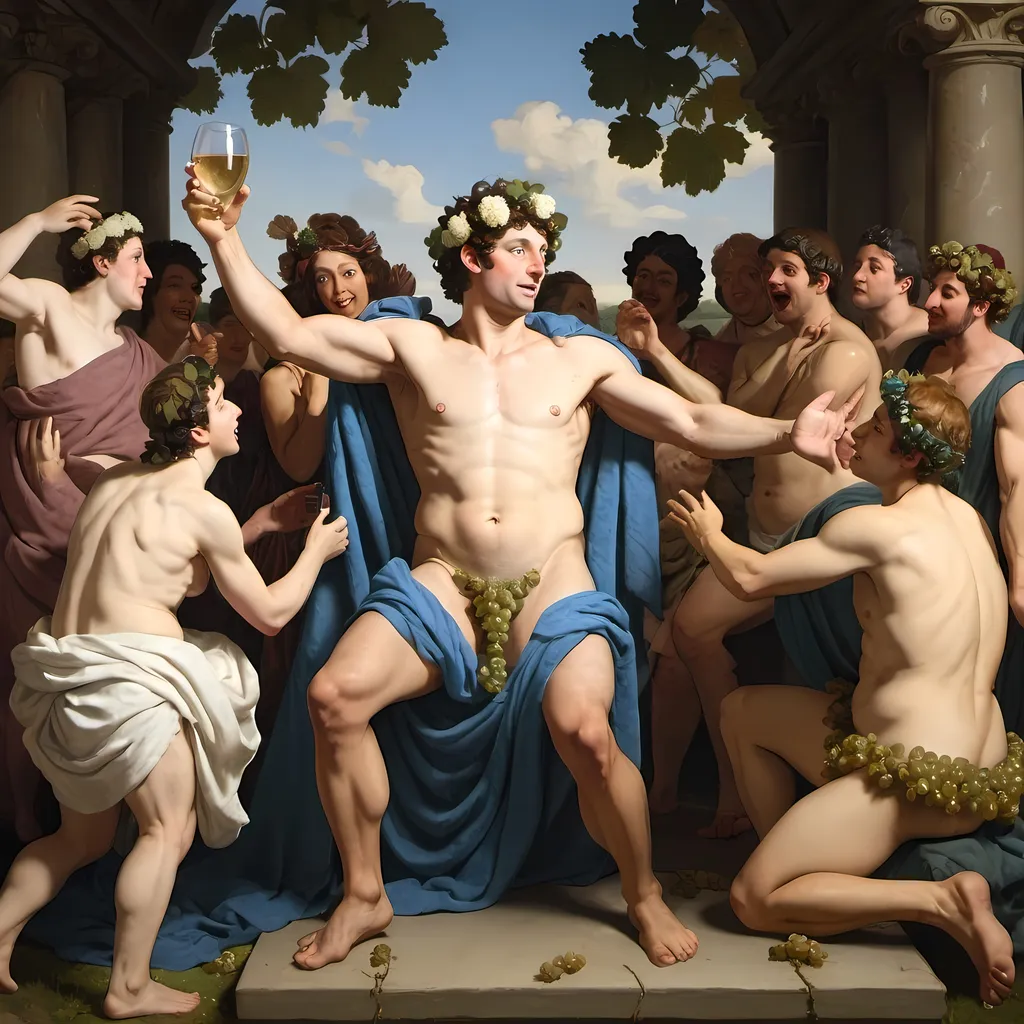 Prompt: A clothed Bacchus surrounded by a group of clothed but hedonistic individuals worshipping him



