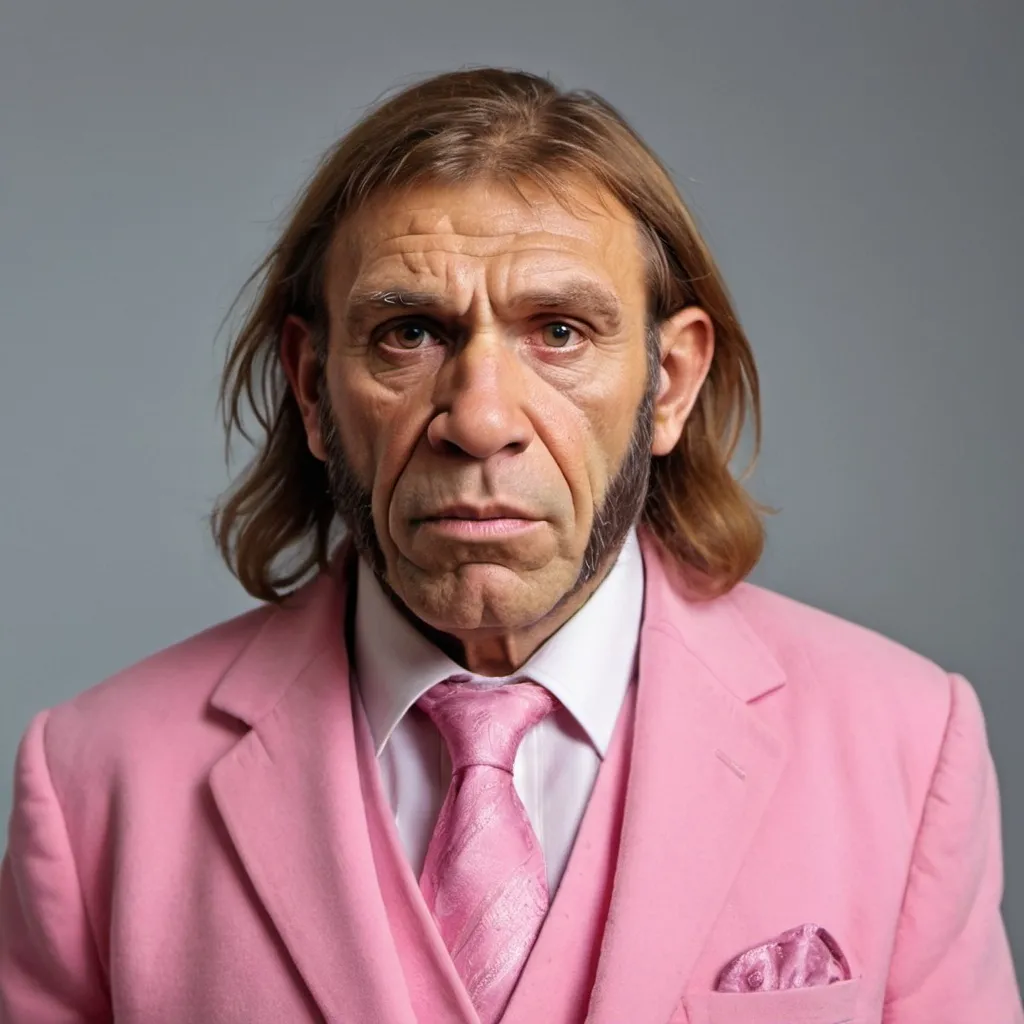 Prompt: neanderthal man in pink suit