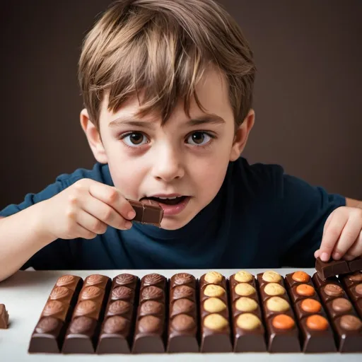 Prompt: crea una imagen de 1500x850 px de un niño de 6 años mordiendo una barra de chocolates 