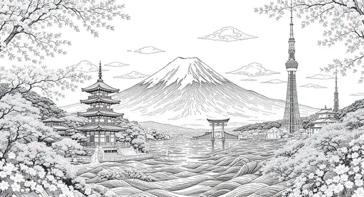 Prompt: A detailed black-and-white line art illustration of traditional and modern Japanese landmarks. In the left-center, Mount Fuji rises majestically with stylized clouds around it. At the base, waves flow with a large torii gate standing in the water. On the left, a multi-tiered pagoda surrounded by blossoming cherry trees. On the right, a traditional Japanese castle, the Tokyo Tower, and Tokyo Skytree. Cherry blossom branches frame the scene at the top corners, and bamboo leaves are visible on the side. The style is intricate, hand-drawn, and woodblock-inspired, with fine linework and harmonious balance. A ultra wide image