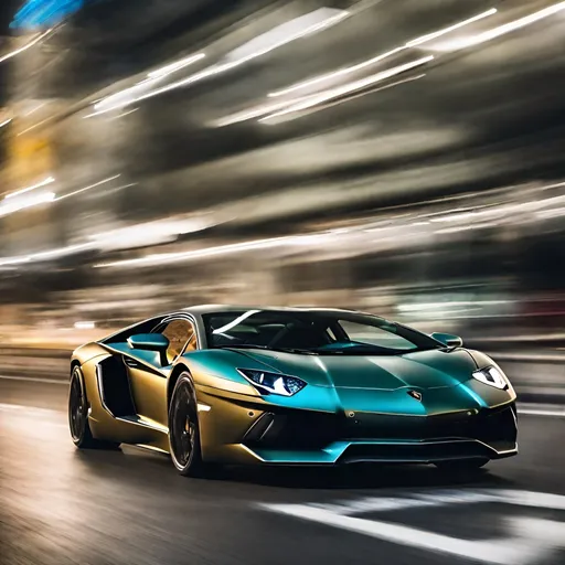 Prompt: Lamborghini Aventador in motion, captured with long exposure photography Nikon D850 DSLR camera f/4. ISO 200