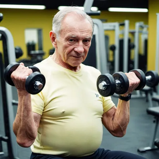 Prompt: 70 year old senior man training in the gym, doing bicep curls with dumbbells