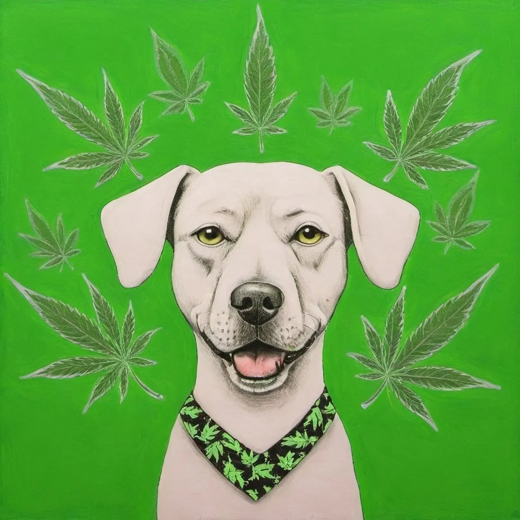 Prompt: A dog full of marijuana, should have a green background