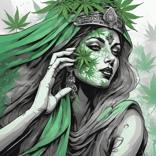 Prompt: deity with marijuana veil. green background