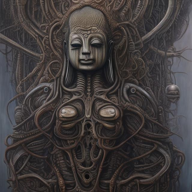 Prompt: Buddha (((Hans Ruedi Giger- inspired painting))) featuring intricate details of (horrific creatures) interwoven with (biomechanical structures) on a (far, alien world) backdrop, with vivid colors like (Pulsating Orchid #804B81, Urban Chic #464E4D, Pewter #606865, Glossy Black #110011, and Akira Black #070D0D).