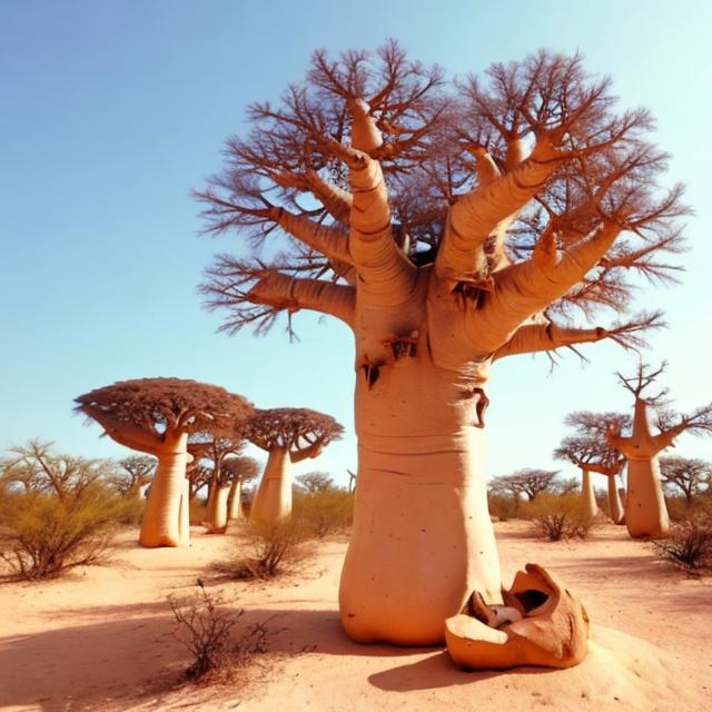 Prompt: baobab in desert and poop on it