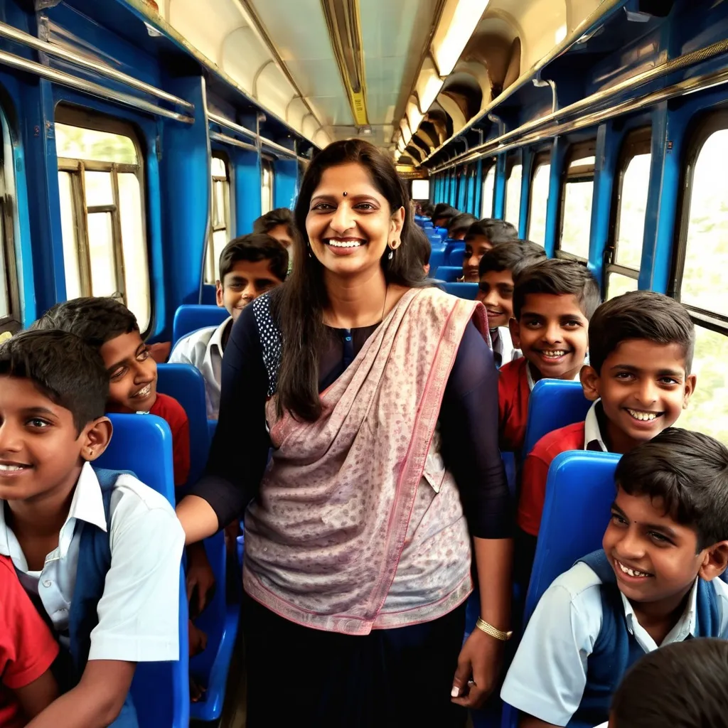 Prompt: Indian teacher inside a train with her students , smiling on face 