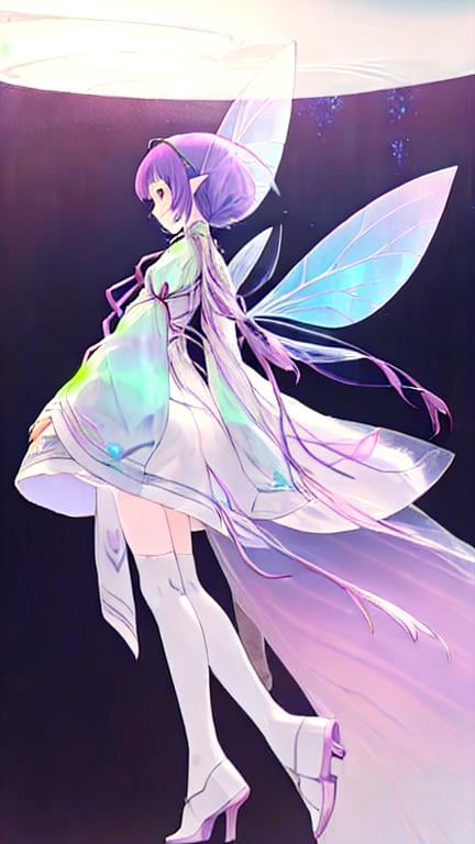 Prompt: Cyberfae, subtle futuristic fairy inspired outfit, coat with iridescent ribbons on back, front and back view, light colors