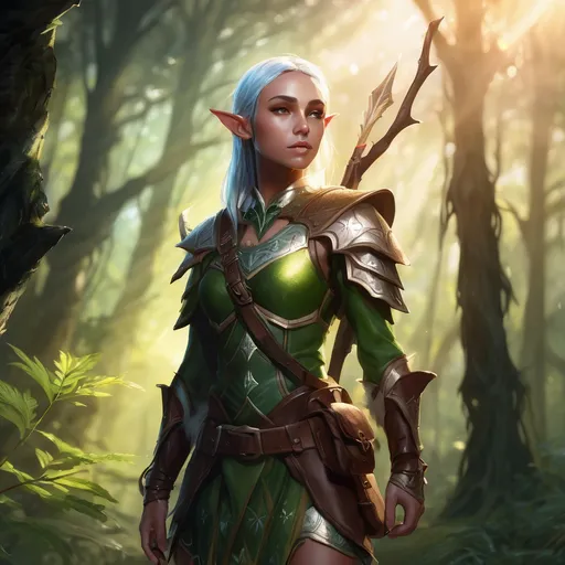 Prompt: Elf ranger in a mystical forest around sunlight