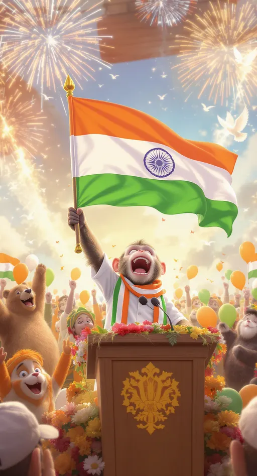 Prompt: A lively, animated scene unfolds with a monkey enthusiastically raising a flag featuring the colors of India, standing behind a wooden podium at a festive rally. Dressed in a traditional white garment adorned with a tri-color scarf, the monkey passionately addresses an engaged crowd, comprised of various humanoid characters and a bear, all celebrating with cheerful expressions and colorful balloons in shades of orange, white, and green. The backdrop is a brilliant sky, illuminated by bursts of fireworks and doves soaring above, amplifying the joyous atmosphere. The stage is adorned with vibrant floral arrangements, seamlessly blending nature with the enthusiastic celebration of national pride. This captivating moment encapsulates a spirit of unity and festivity, radiating a message of joy and patriotism.